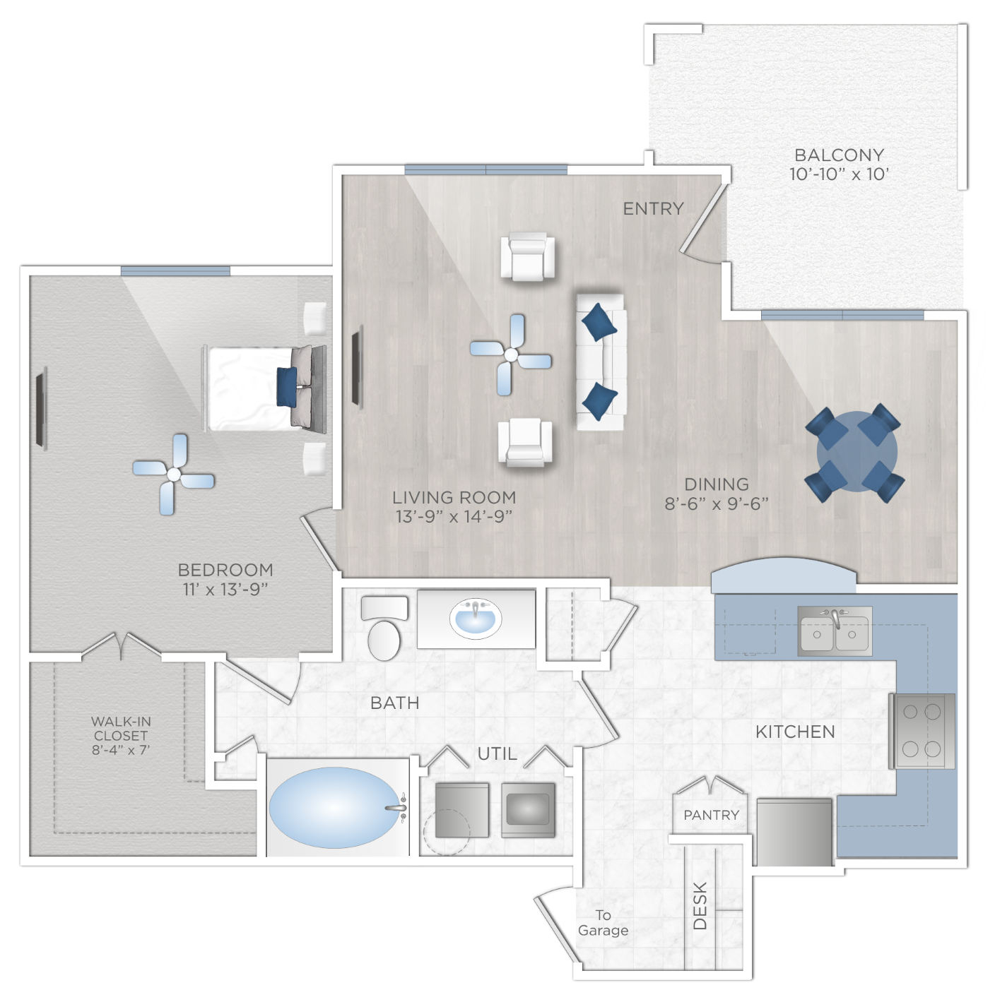 Floor plan for 1 bed, 1 bath, 806 sqft